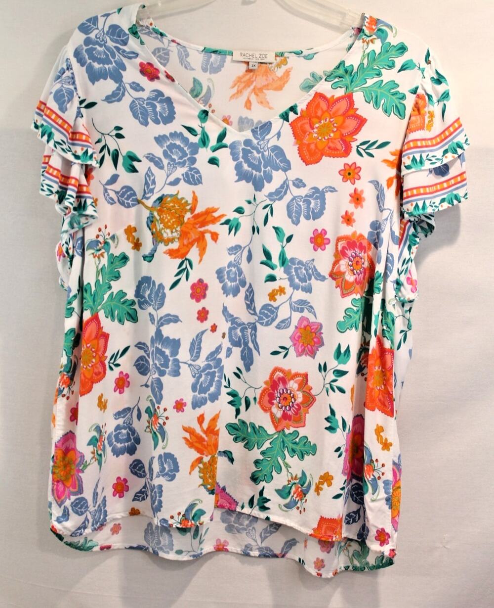 Rachell Zoe Rayon Boho Beach Top Womens size 2X Whit Floral Ruff Short Sleeves